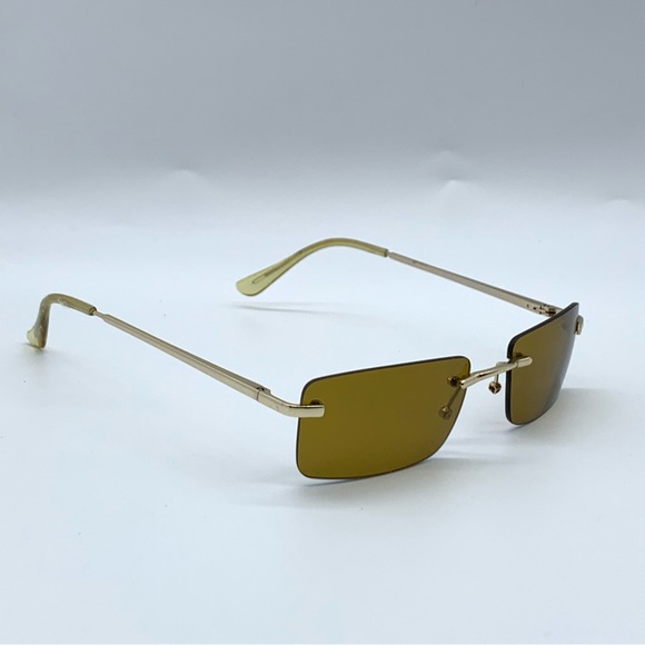 Slim Retro Rimless Rectangular Sunglasses in Gold- Brown - Picture 6 of 11